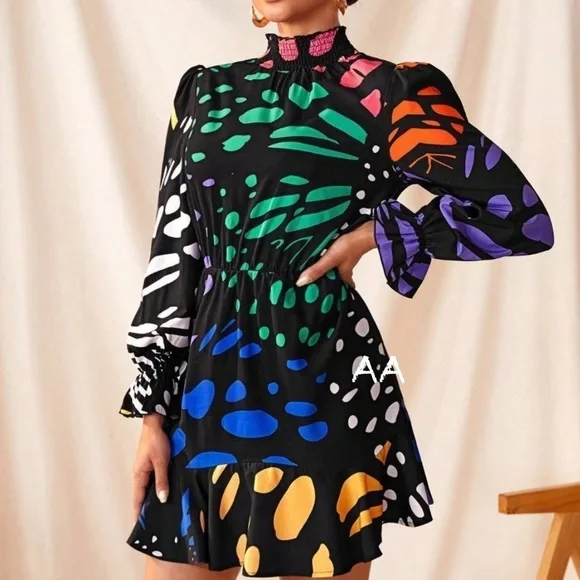 pop art cocktail dress Classic Pop Art Abstract Print Ruffle Long Sleeve Dress